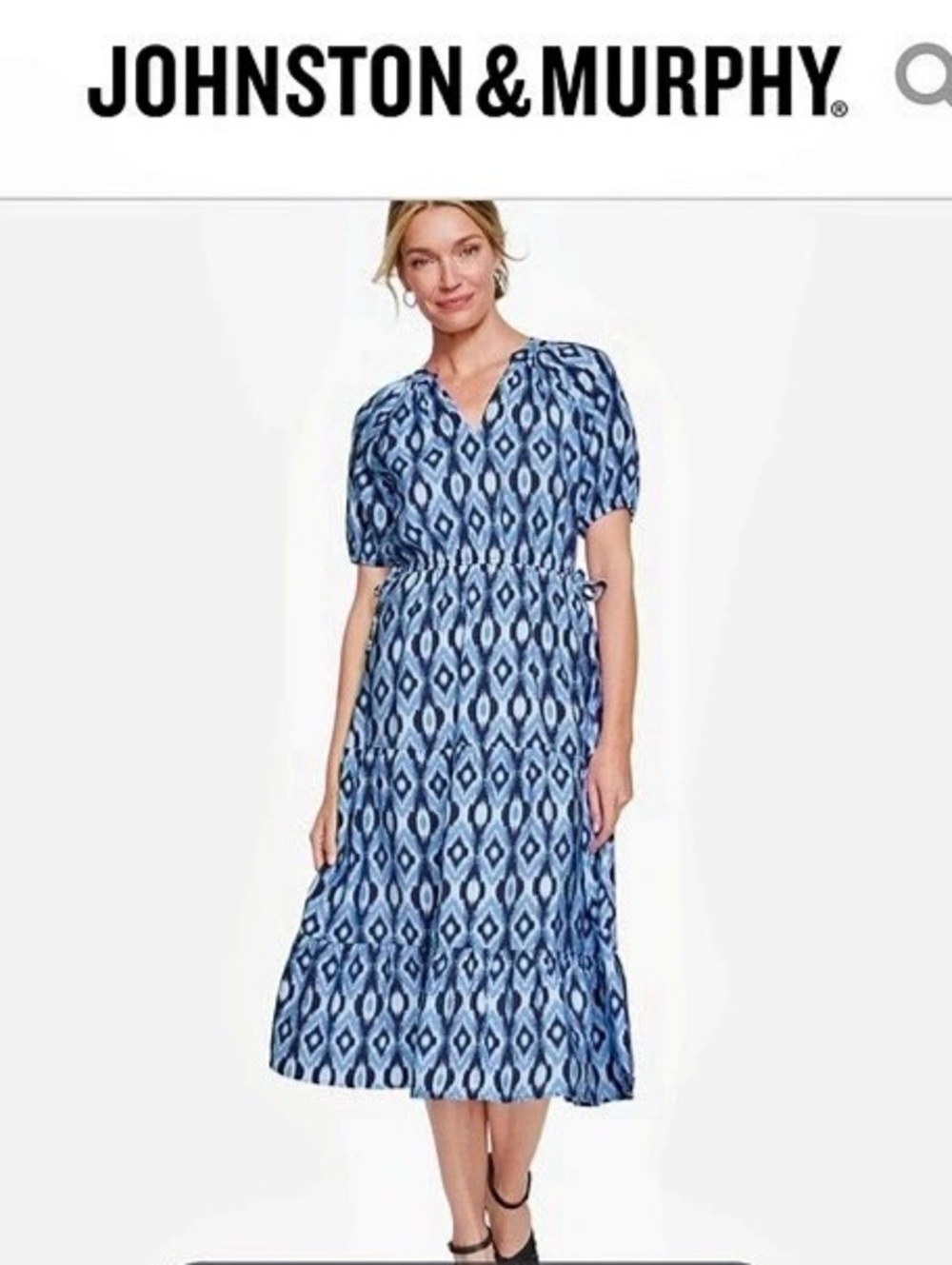 Johnston & Murphy Puff Sleeve Side-Tie Midi Dress Navy Ikat XS NWT $159